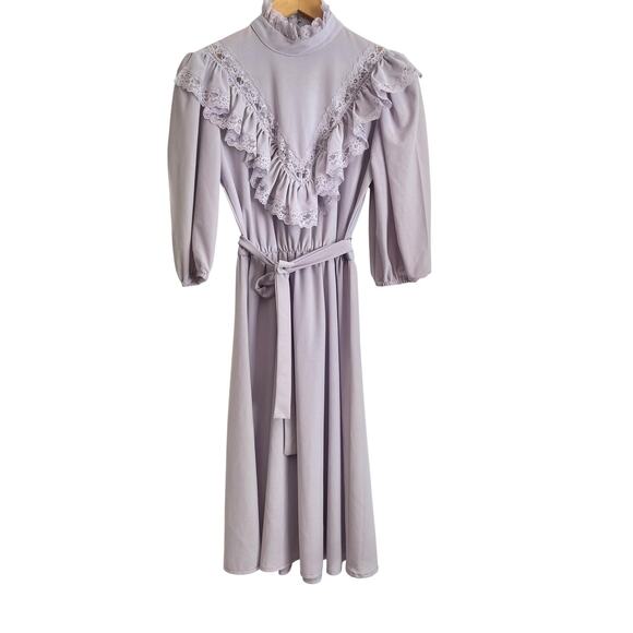 Vtg 70s Victorian Dress Size 7 Union Tag Lace Ruffle Feminine Romantic Pastel - Picture 5 of 14